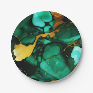Chic Elegant dark green golden yellow Faux Marble  Paper Plate