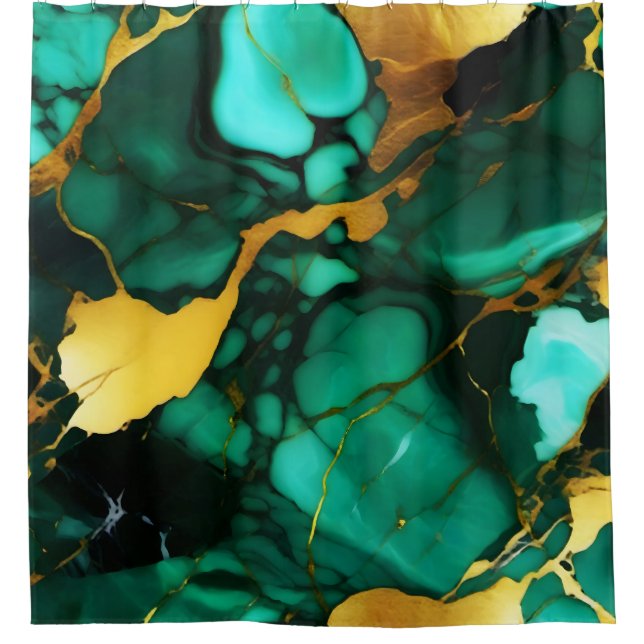 Chic Elegant dark green golden yellow Faux Marble  Shower Curtain (Front)