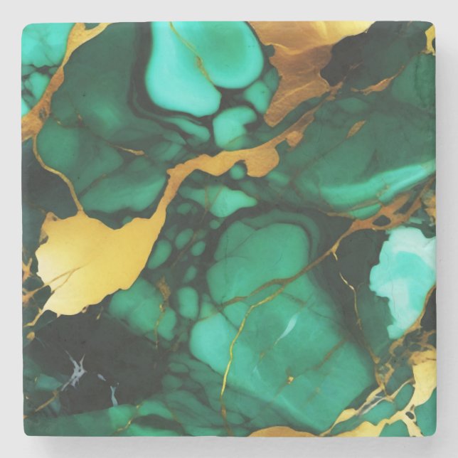 Chic Elegant dark green golden yellow Faux Marble  Stone Coaster (Front)