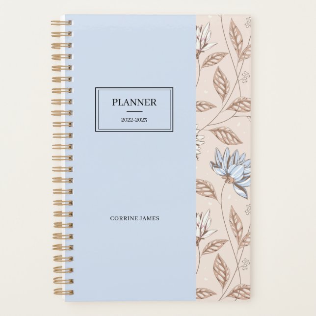 Chic Elegant Dusty Blue Blush Pink Floral Pattern Planner (Front)
