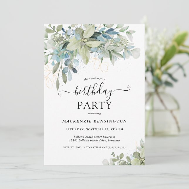 Chic Elegant Eucalyptus Greenery Birthday Party Invitation (Standing Front)