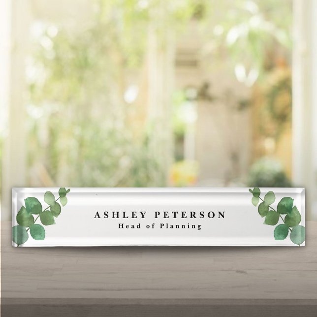 Chic Elegant Eucalyptus Leaves Nameplate (Chic Elegant Eucalyptus Leaves Desk Name Plate)