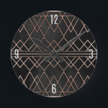 Chic & Elegant Faux Rose Gold Geometric Triangles Round Clock<br><div class="desc">This chic and elegant faux rose gold geometric triangles pattern on black foil is perfect for the trendy and stylish woman. It's modern and pretty print is great for many gifts and occasions. Enjoy this contemporary and swanky design for your next purchase!</div>