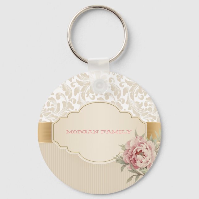 Chic Elegant Floral Damask Roses  Key Ring (Front)