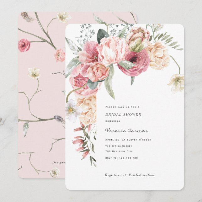 Chic elegant floral garden romantic watercolor invitation (Front/Back)