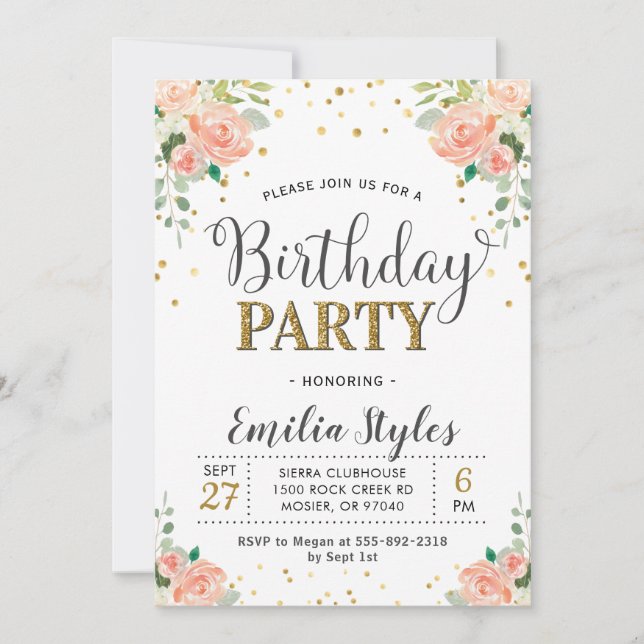Chic Elegant Floral Peony Ladies Women Birthday Invitation (Front)