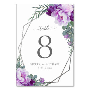 Chic Elegant Floral Purple & Silver Wedding Table Number