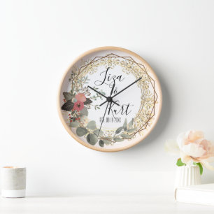 Chic Elegant Floral Wreath Wedding       Clock