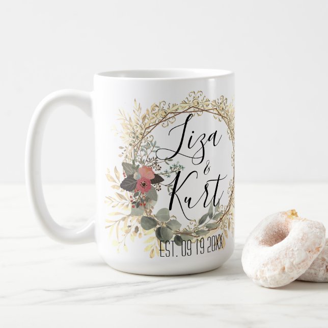 Chic Elegant Floral Wreath Wedding Personalised  Coffee Mug (With Donut)