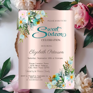 Chic Elegant Flowers Rose Gold Sweet 16 Invitation