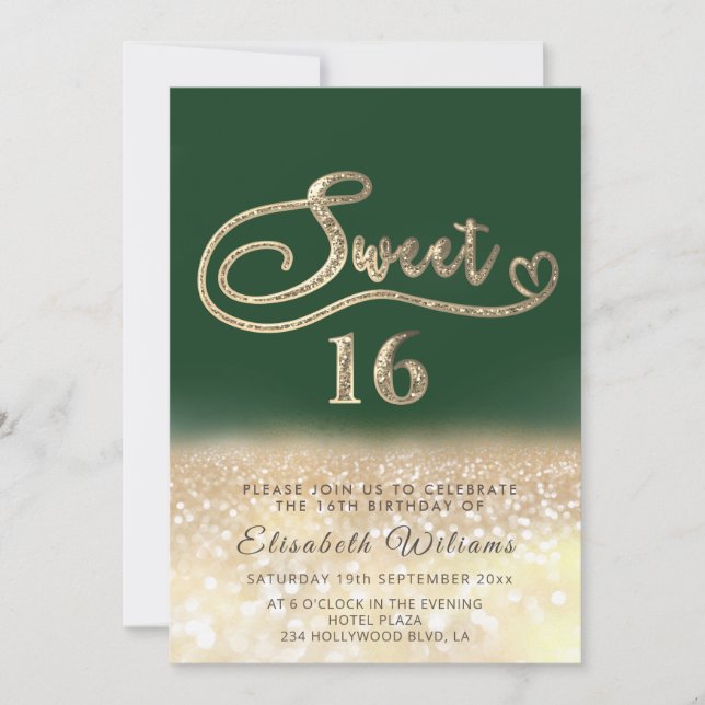 Chic elegant glam gold glittery ombre green invitation (Front)