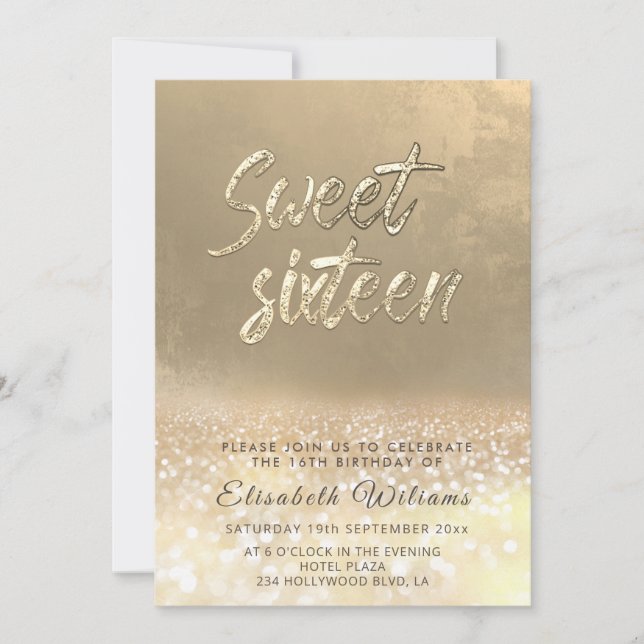 Chic elegant glam gold glittery ombre sweet 16 invitation (Front)