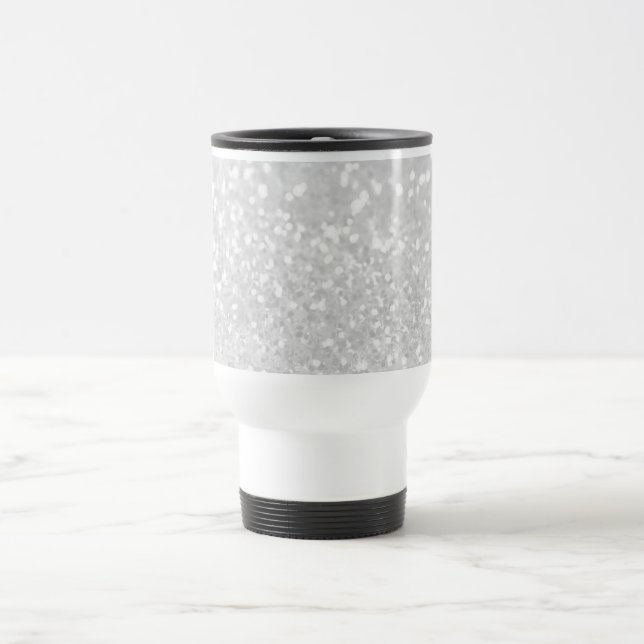 chic elegant glamour White Faux Glitter Travel Mug (Center)