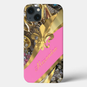 Chic elegant gold and pink bling personalised iPhone 13 case