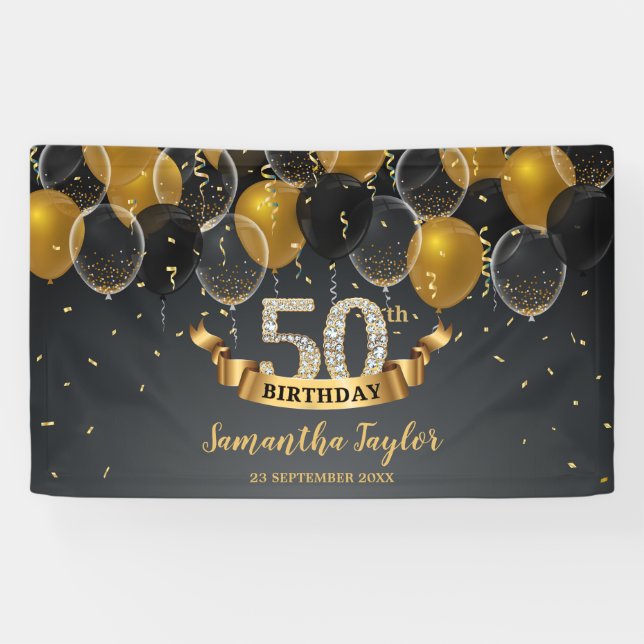 Chic elegant gold black diamond any age birthday banner (Horizontal)