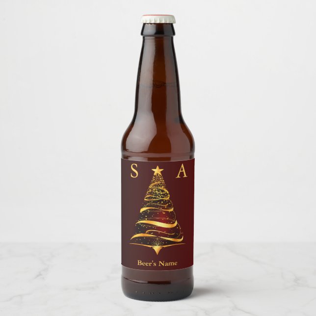 Chic elegant Gold Christmas Tree Monogram Wedding Beer Bottle Label (Front)