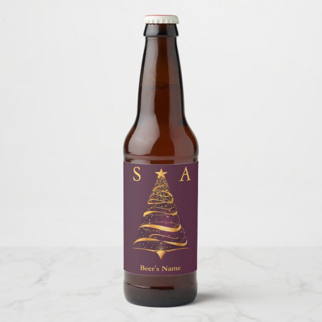 Chic Elegant Gold Christmas Tree Monogram Wedding Beer Bottle Label (Front)