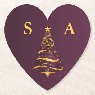 Chic Elegant Gold Christmas Tree Monogram Wedding Paper Coaster