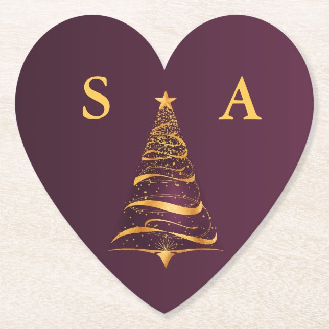 Chic Elegant Gold Christmas Tree Monogram Wedding Paper Coaster (Front)