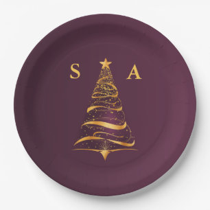 Chic Elegant Gold Christmas Tree Monogram Wedding Paper Plate