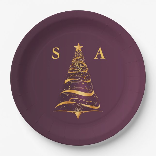 Chic Elegant Gold Christmas Tree Monogram Wedding Paper Plate (Front)