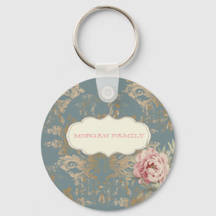 Chic Elegant Gold Damask Roses Key Ring