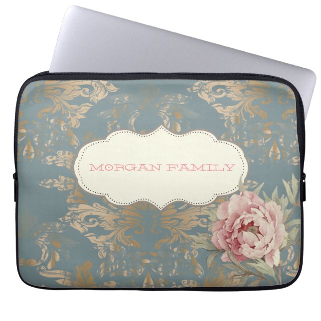 Chic Elegant Gold Damask Roses Laptop Sleeve (Front)