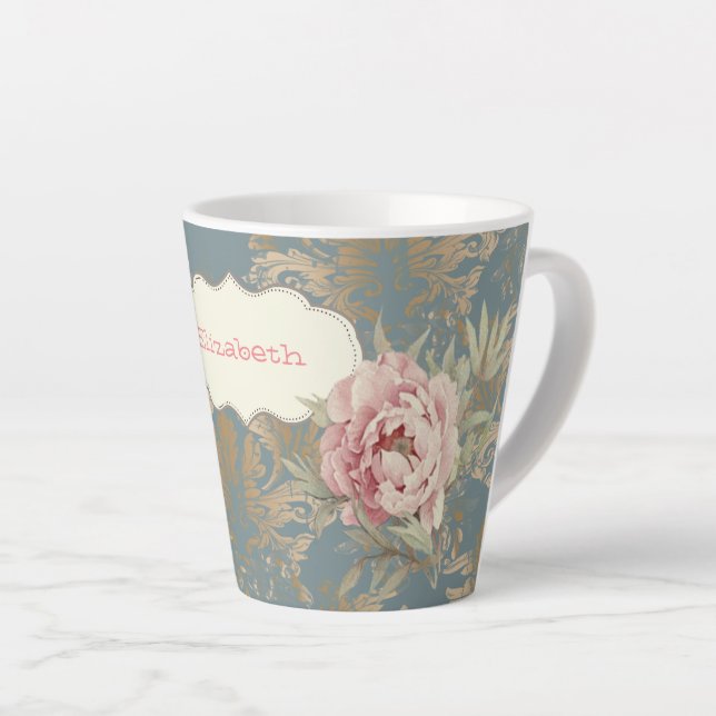 Chic Elegant Gold Damask Roses Latte Mug (Right Angle)