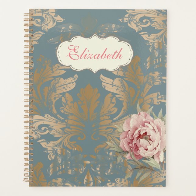 Chic Elegant Gold Damask Roses  Planner (Front)