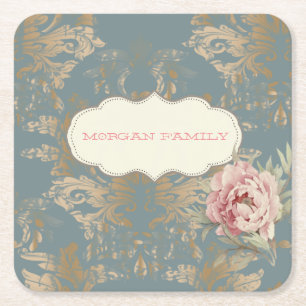 Chic Elegant Gold Damask Roses Square Paper Coaster