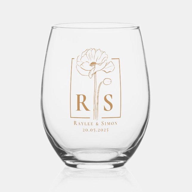 Chic Elegant Gold Floral Monogrammed Initial Stemless Wine Glass (Front)