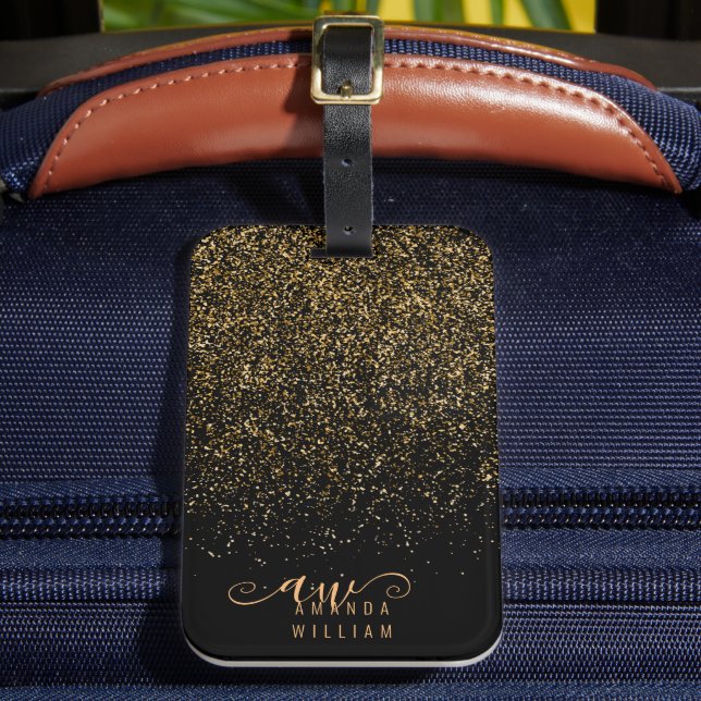 Chic Elegant Gold Glitter Glam Monogram Luggage Tag (Front Insitu 2)