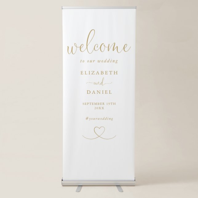 Chic Elegant Gold Heart Script Wedding Welcome Retractable Banner (Front)