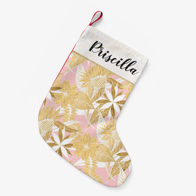 Chic Elegant Gold Pink White Flowers and Leaves Small Christmas Stocking (Front (Hanging))