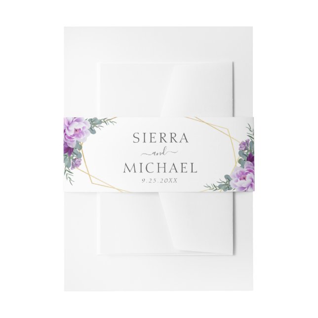 Chic Elegant Gold & Purple Floral Wedding Invitation Belly Band (Front Example)