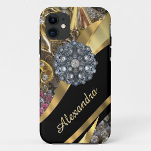Chic elegant gold rhinestone bling personalised iPhone 11 case