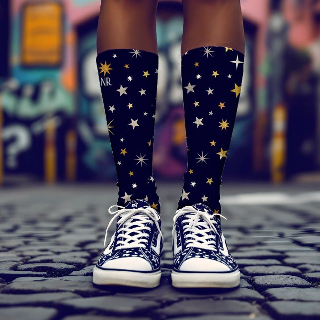  Chic Elegant Gold Silver Stars Navy Blue Monogram Socks (Creator Uploaded)