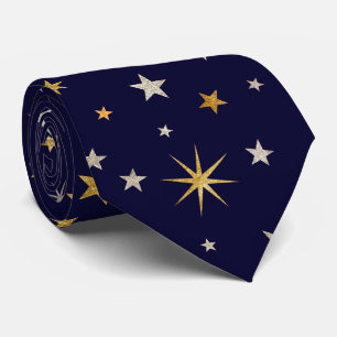 Chic Elegant Gold Silver Stars Navy Blue Monogram Tie