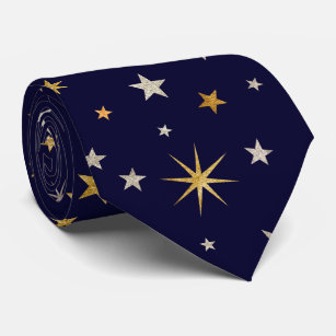  Chic Elegant Gold Silver Stars Navy Blue Monogram Tie