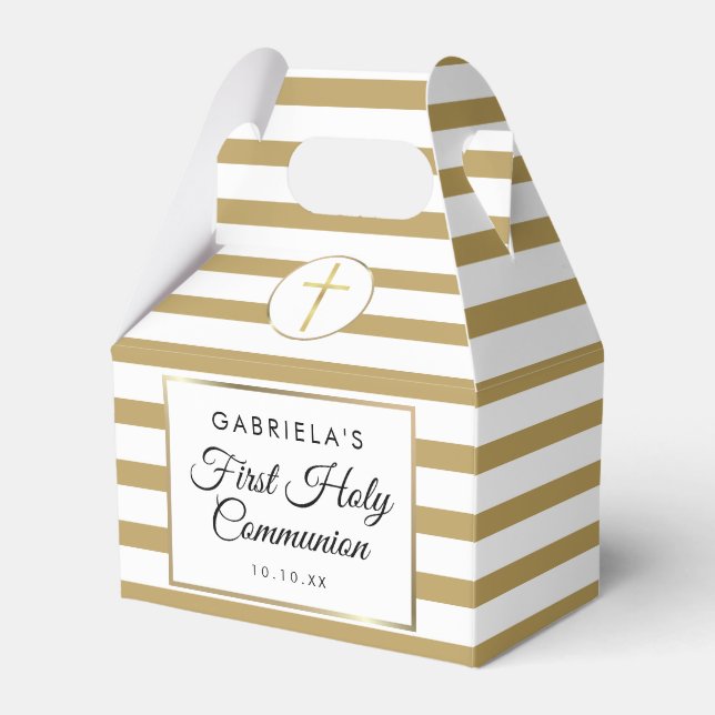 Chic Elegant Gold Stripe First Holy Communion Favour Box (Front Side)