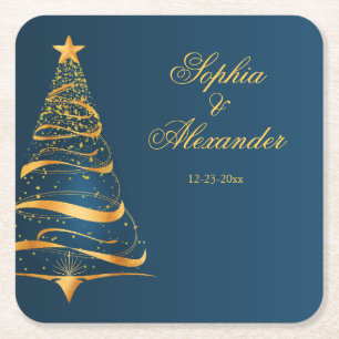 Chic Elegant Golden Christmas Tree Wedding Square Paper Coaster