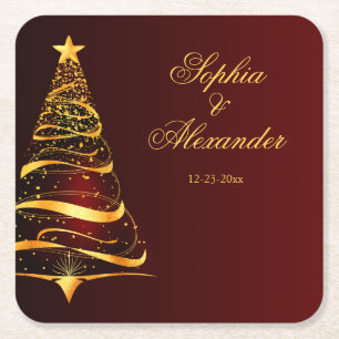 Chic Elegant Golden Christmas Tree Wedding Square Paper Coaster