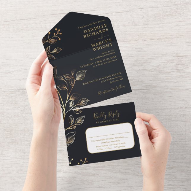 Chic Elegant Golden Floral Wedding  All In One Invitation (Tearaway)