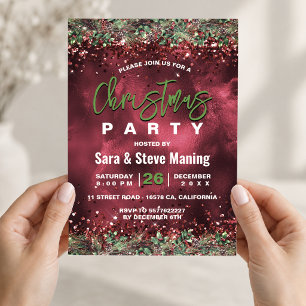 Chic elegant green red floral Christmas party Invitation