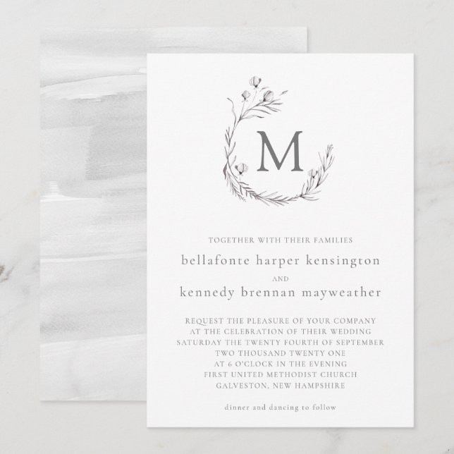 Chic Elegant Grey White Watercolor Floral Wedding Invitation (Front/Back)