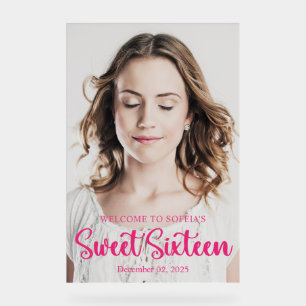Chic Elegant Hot Pink Script Sweet Sixteen Photo Acrylic Sign