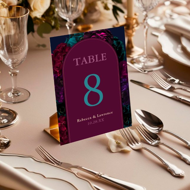 Chic elegant jewel tones burgundy flowers wedding table number (Creator Uploaded)