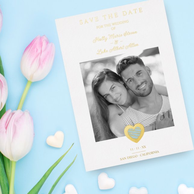Chic Elegant Light Blue & Gold Heart Photo Couple (Creator Uploaded)