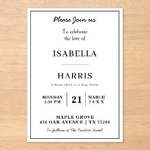 Chic Elegant Memorial Service Design Acrylic Invitations