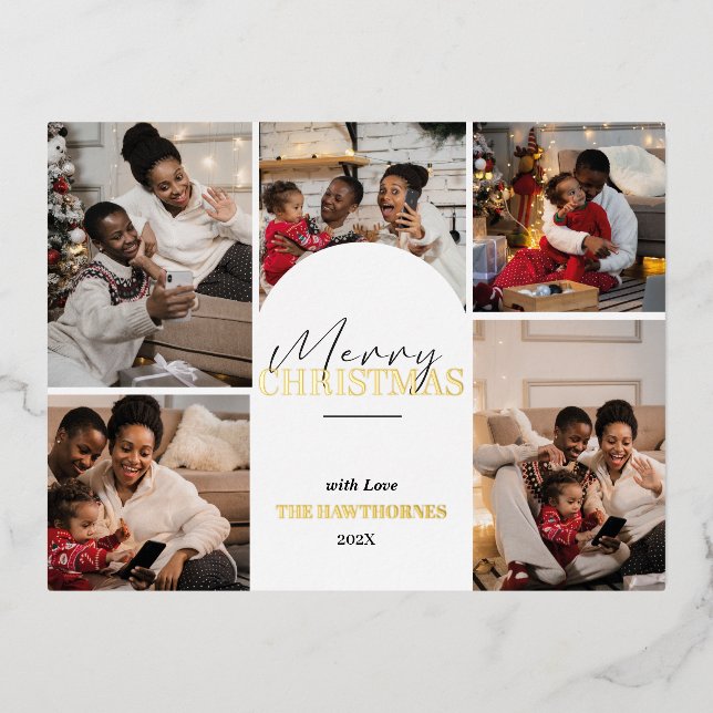 Chic elegant modern 5 Photo Gold Foil Holiday Card (Front)